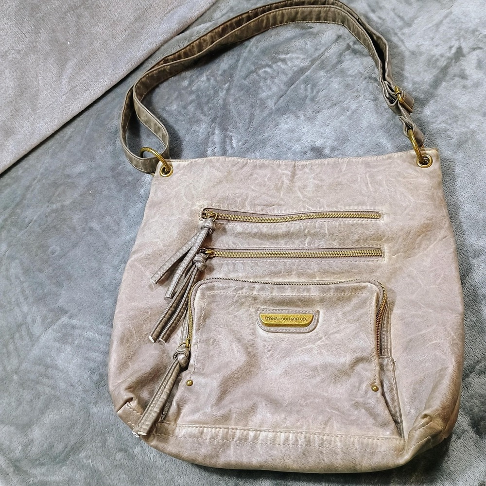 Stone Mountain USA Crossbody Bag Womens Large Taupe Faux‎ Leather Zip Tassel